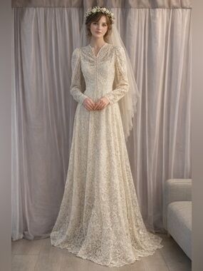 1960 Vintage Cream Lace Long-Sleeve Wedding Dress